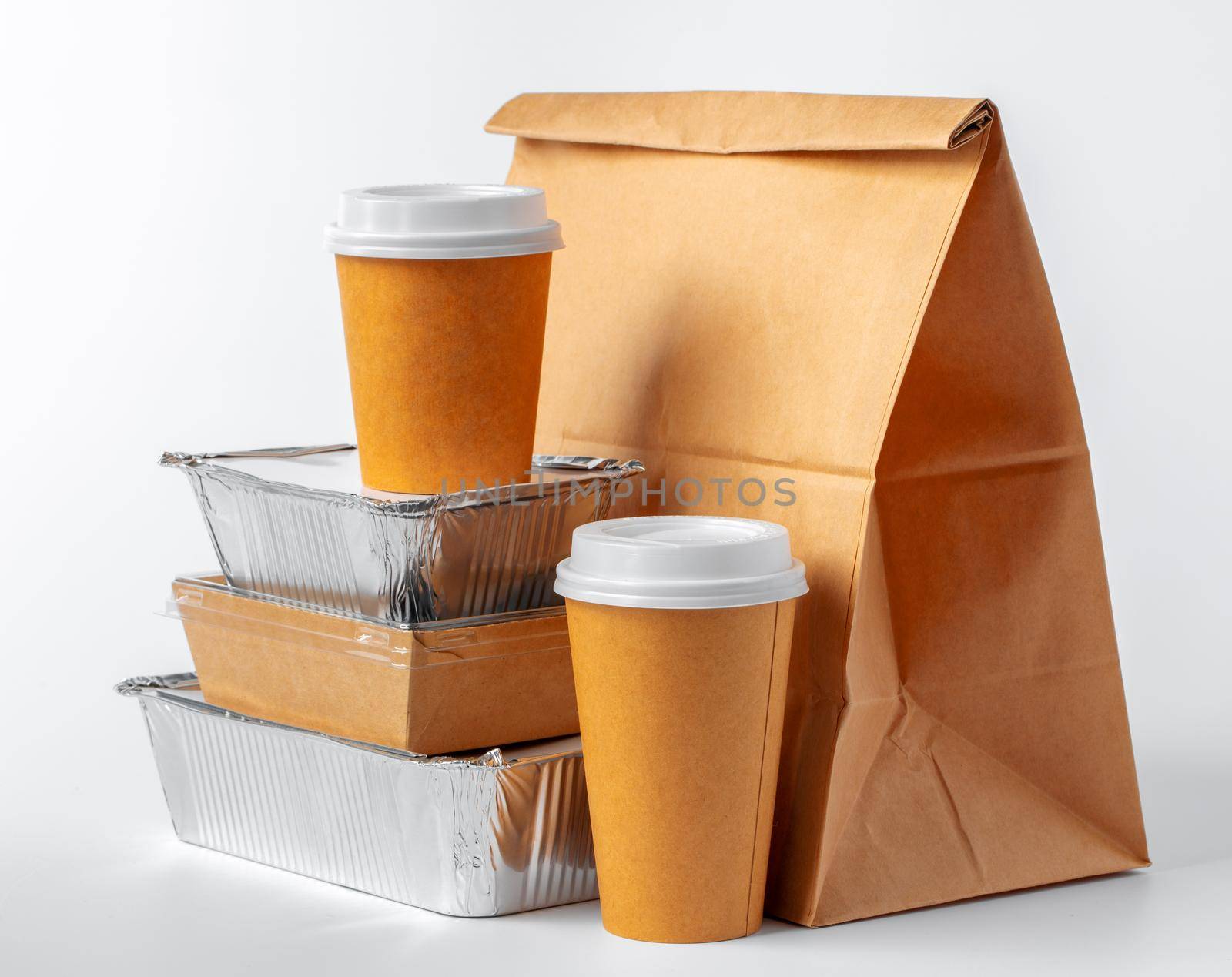 Set of recyclable food packaging on white background close up