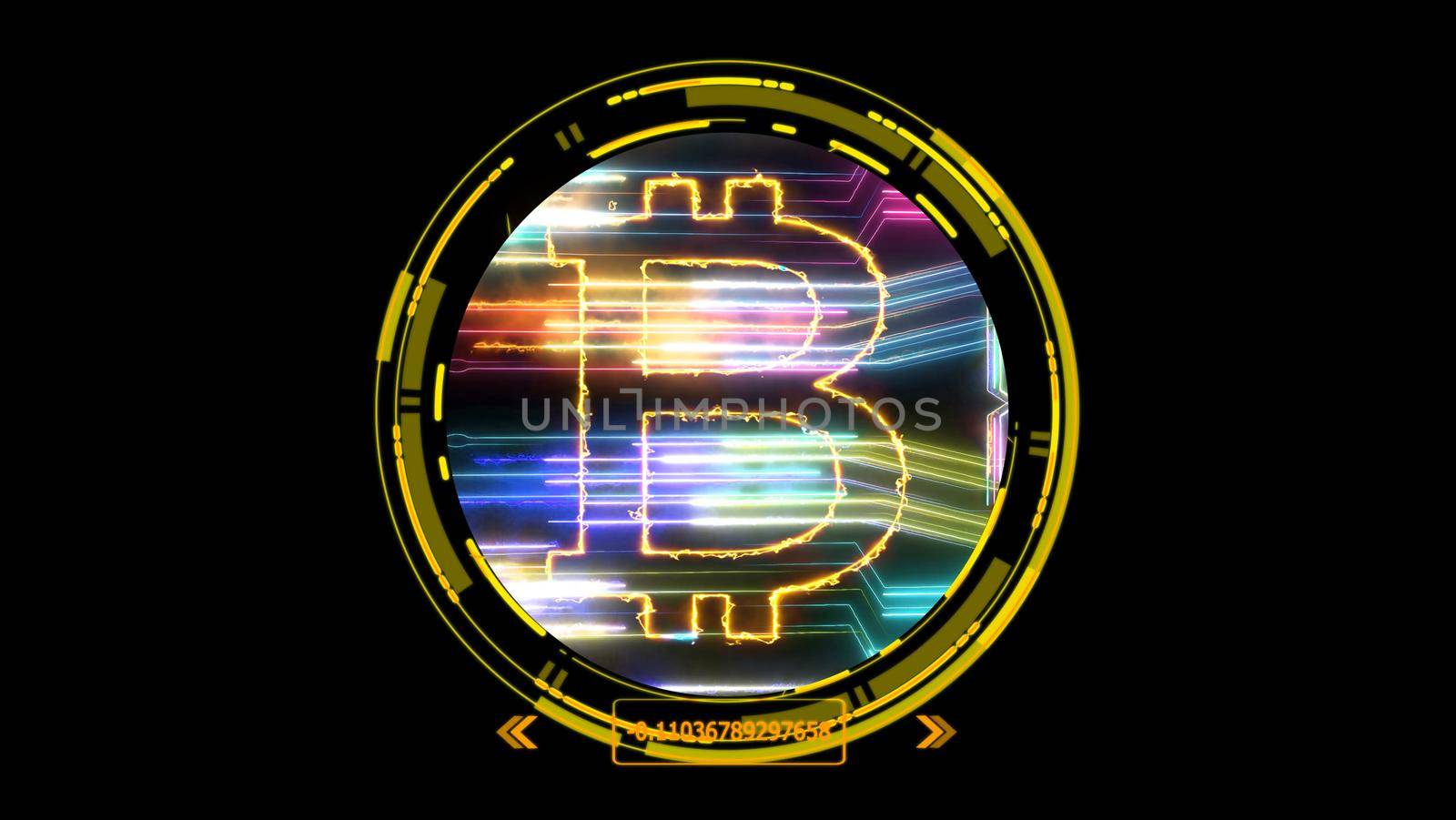 bitcoin cryptocurrency and futuristic rainbow digital laser transfer on black isolated background