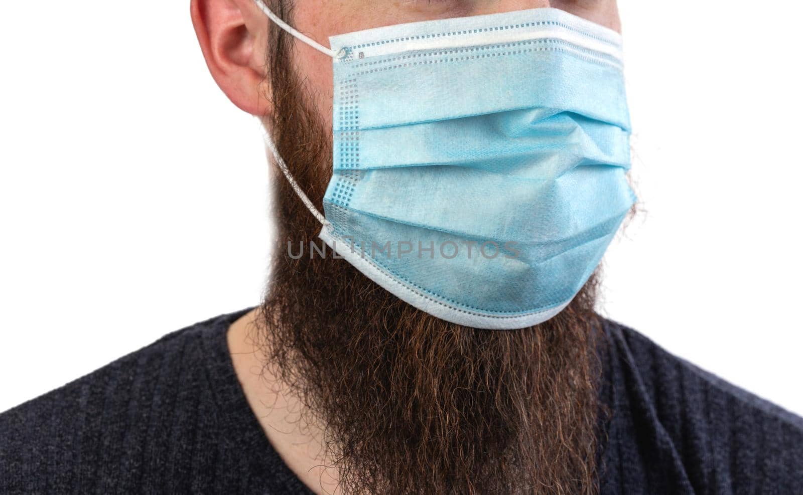 Caucasian young bearded adult man wearing a protective or surgical mask to avoid pollution and contagious virus and diseases isolated on white background, Covid-19, coronavirus,health,beard, epidemic concept close