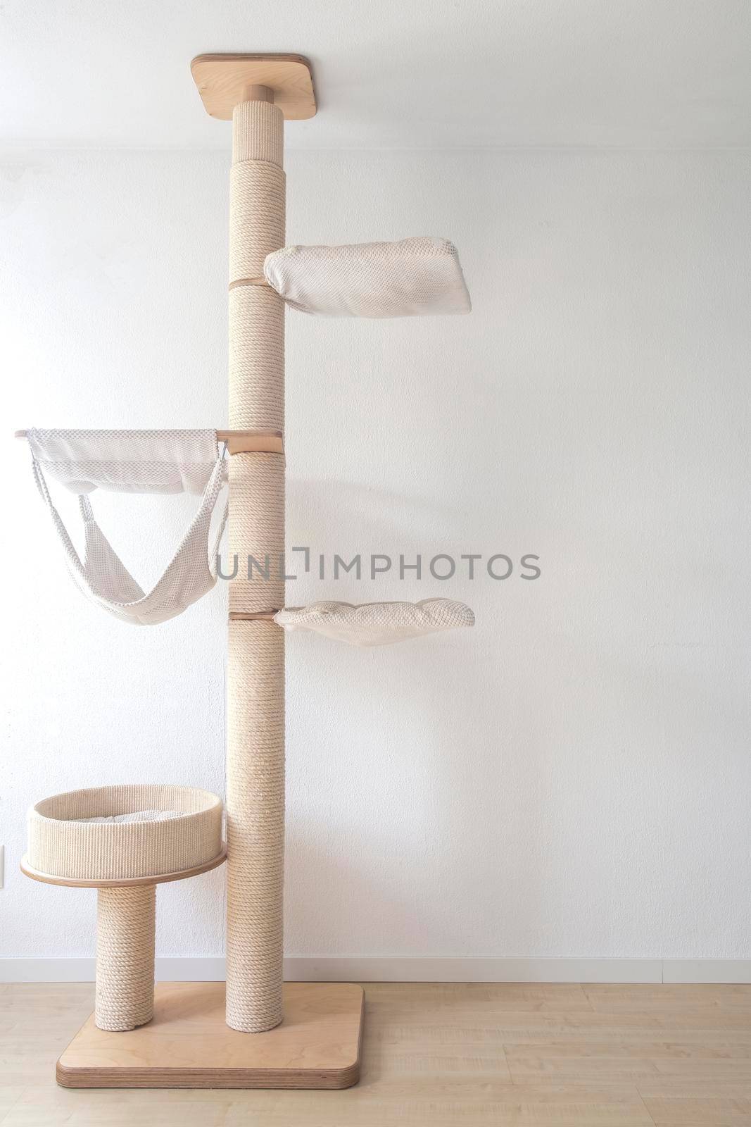 Cat scratching post wall mounted in modern room for pet on white wall, stylish decoration for cat owner with copy space