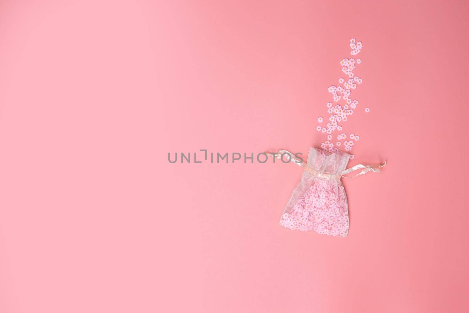 Organza bags on pink background texture with beautiful flowers coming out, white Daisies, Spring,Mothers Day, Love, Holiday Minimal concept. Flat lay. bright fresh pastel colored copy space