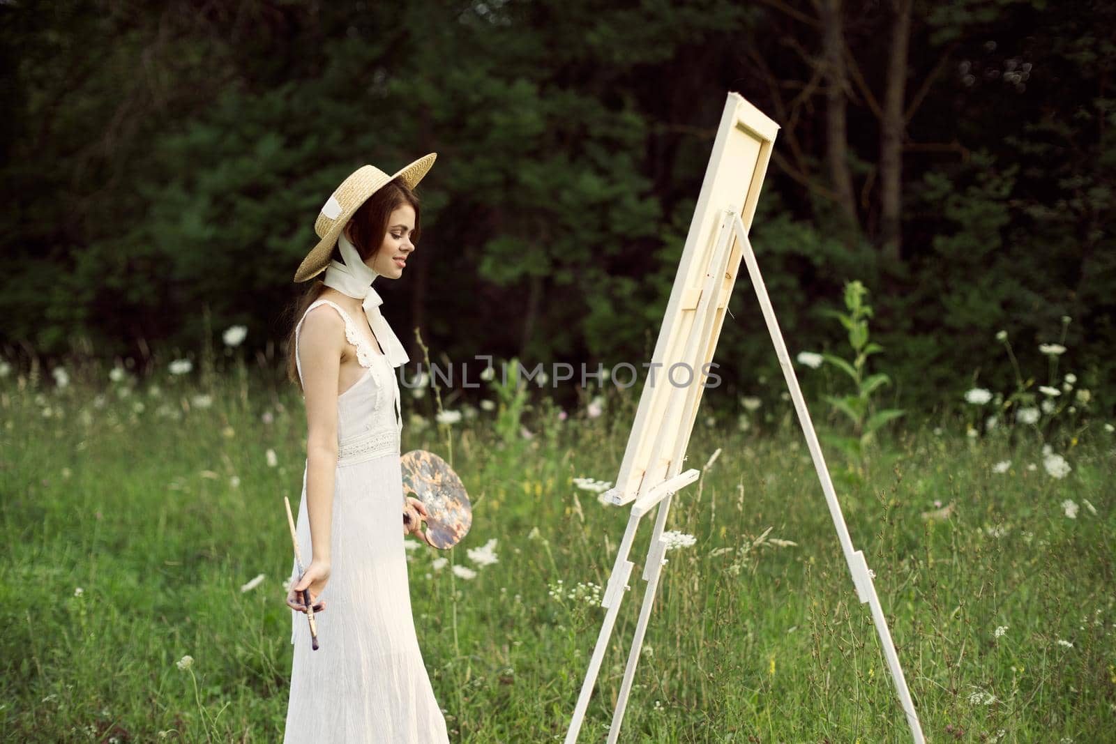 cheerful woman outdoors drawing art landscape hobby by Vichizh