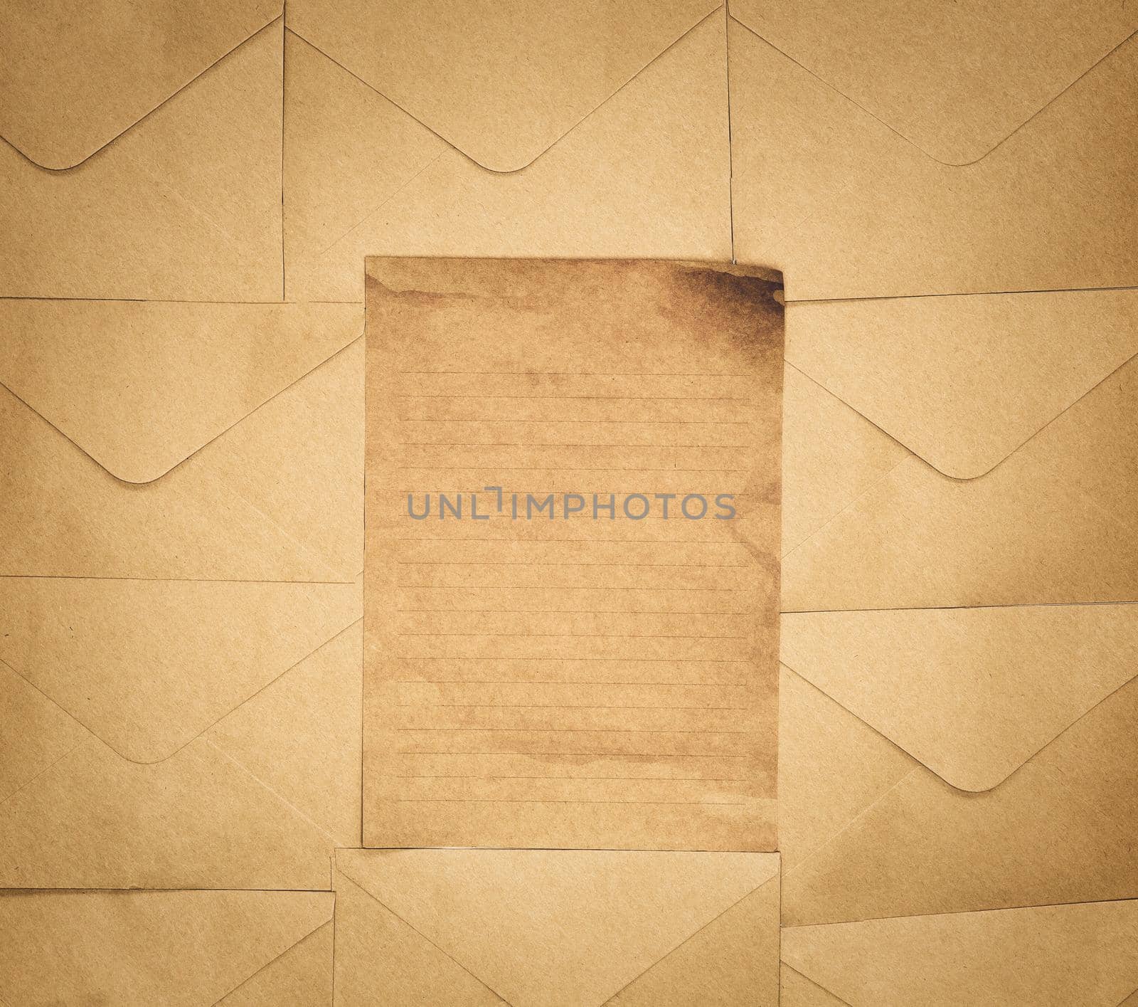 Vintage old brown envelope and paper background texture top view, Flat lay copy space, business, education, antique, rustic concept retro design space for text