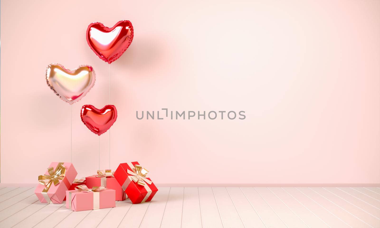 Interior in beige tones with gifts and heart-shaped balloons. Valentine's day. 3D rendering illustration.