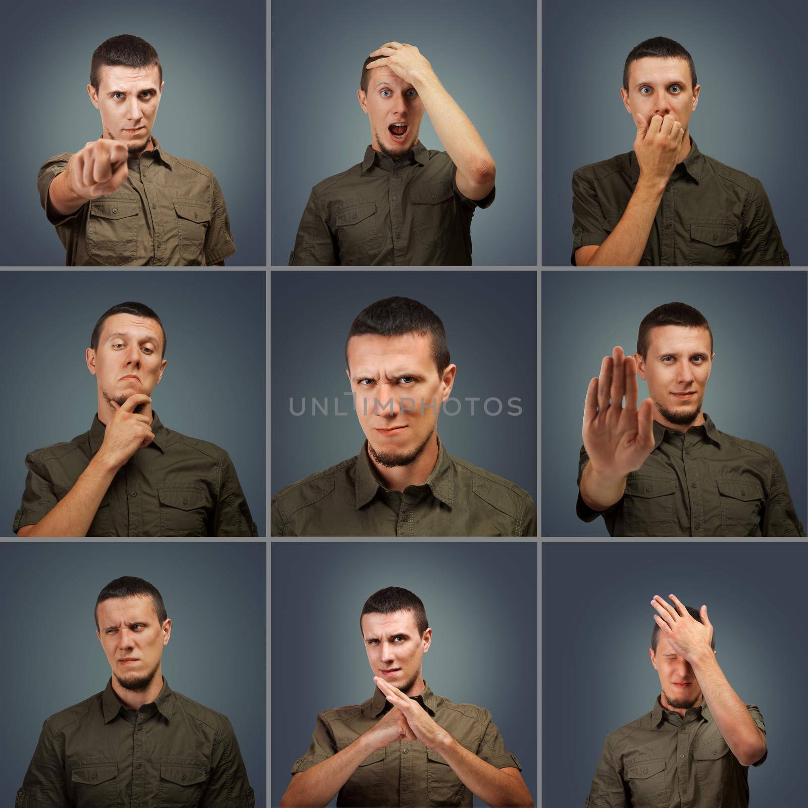 Collection of young male face negative expressions on dark background