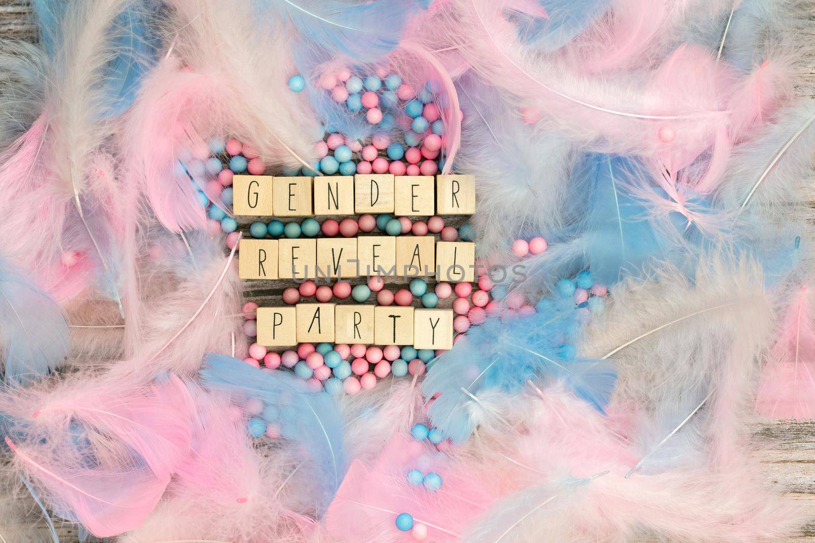 Gender reveal party written with wooden cubes surrounded with colorful bright pastel feathers for baby.boy,girl,party,greeting card or background concept top view. Copy space, retro design