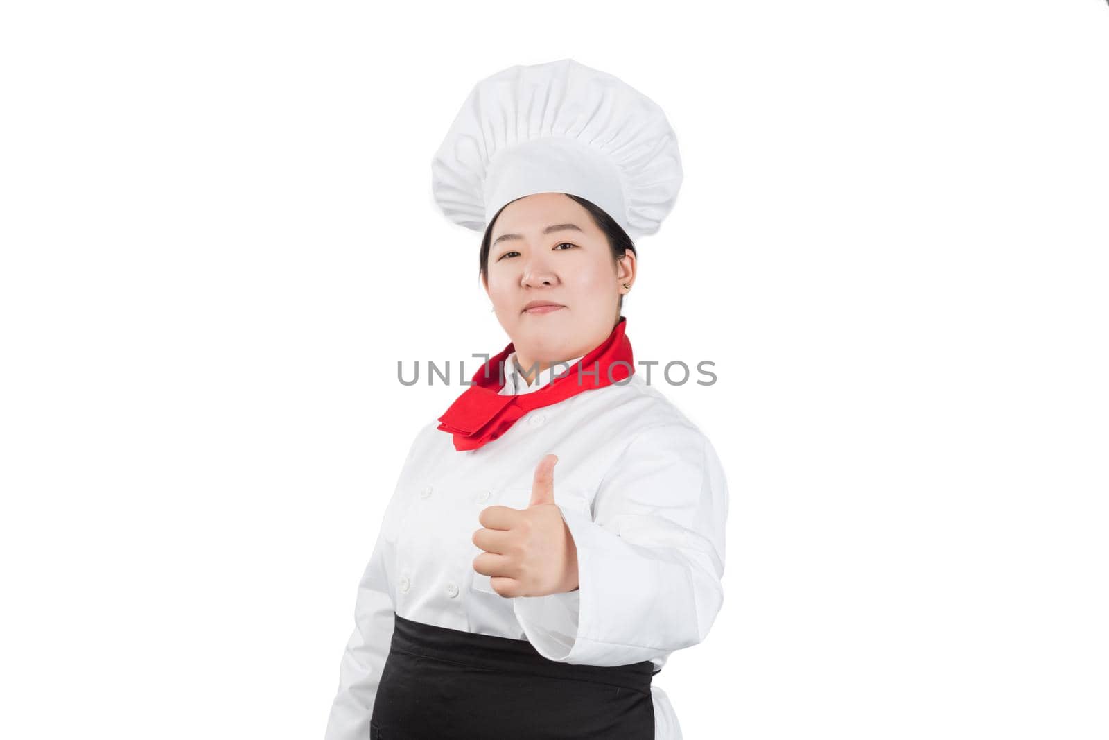 smiling female chef, cook or baker showing thumbs up by whatwolf