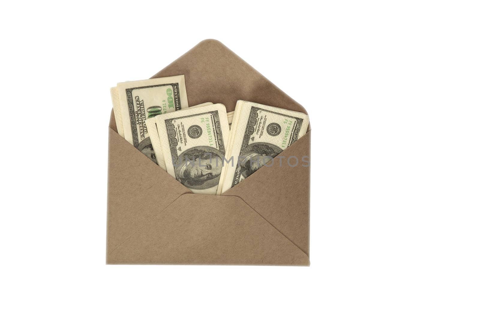 Craft paper envelope filled with one hundred dollar bills isolated on white background, business and financial concept copy space