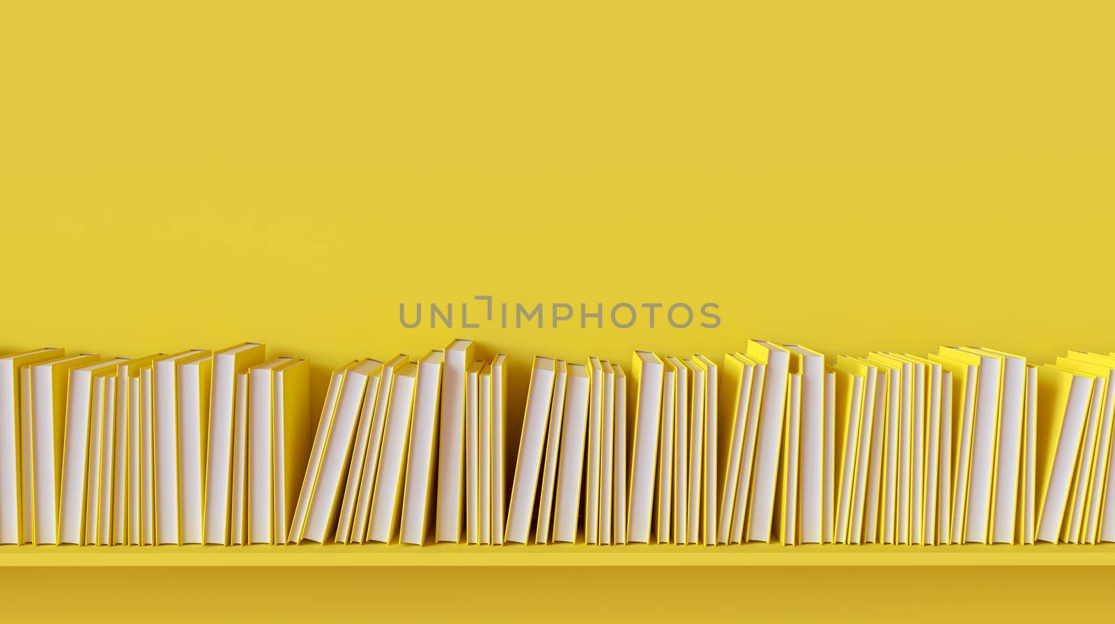 A row of books on a yellow shelf, 3D rendering illustration.