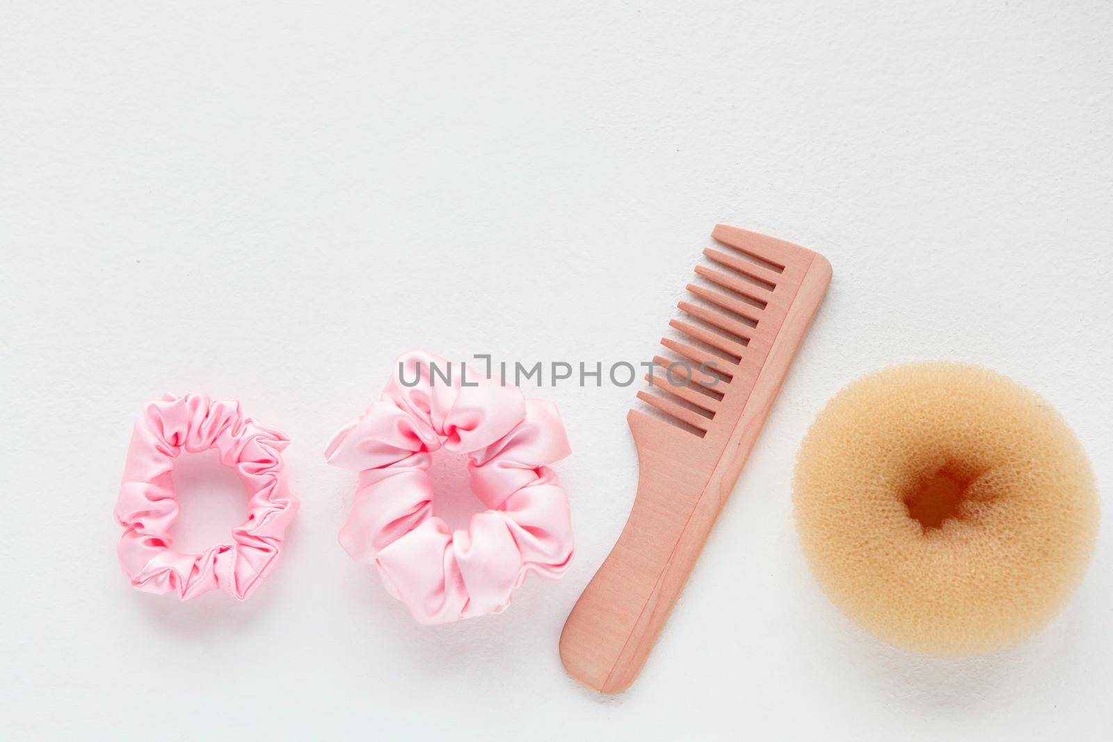 wooden Hairbrush, barrette and silk Pink Scrunchy isolated on white. Flat lay Hairdressing tools and accessoriesas Color Hair Scrunchies, Elastic Hair Bands, Bobble Sports Scrunchie Hairband