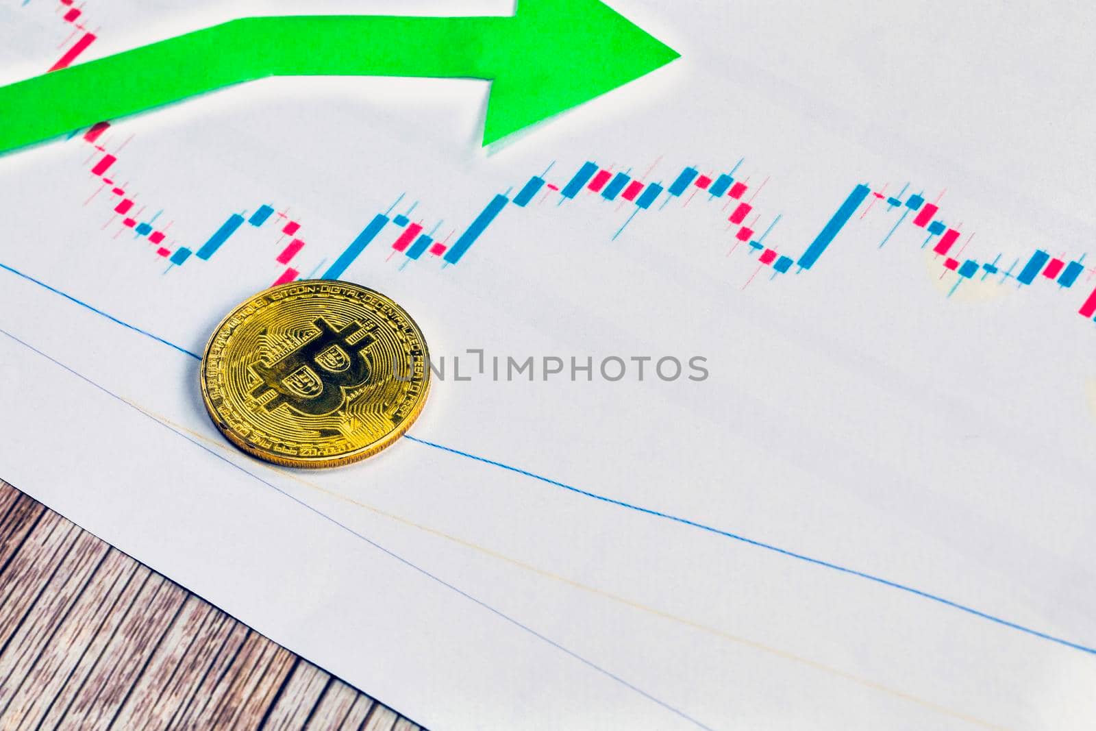 appreciation of exchange rates of virtual money bitcoin. Green arrow with golden Bitcoin ladder on paper forex chart background. Cryptocurrency concept. with copy space positive
