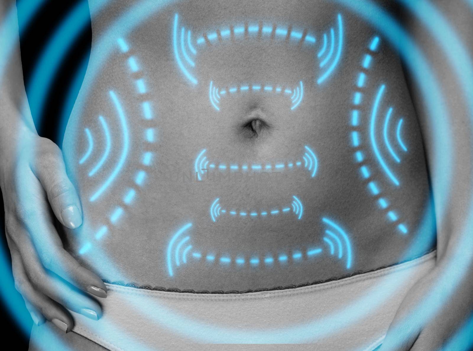 Close-up image of female belly with arrows, monochrome image. Fat loss and liposuction concept