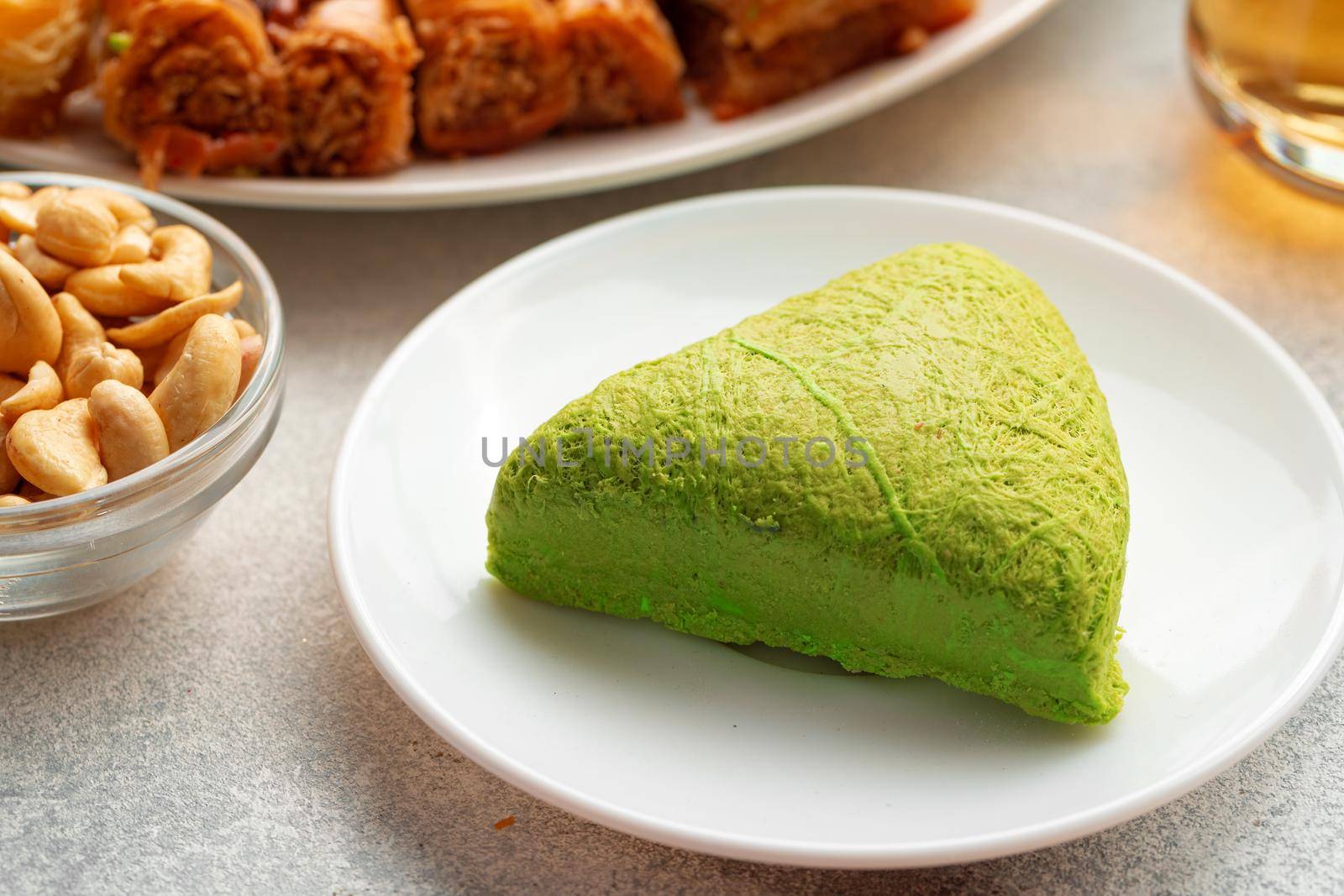 Turkish baklava dessert with honey, close up photo