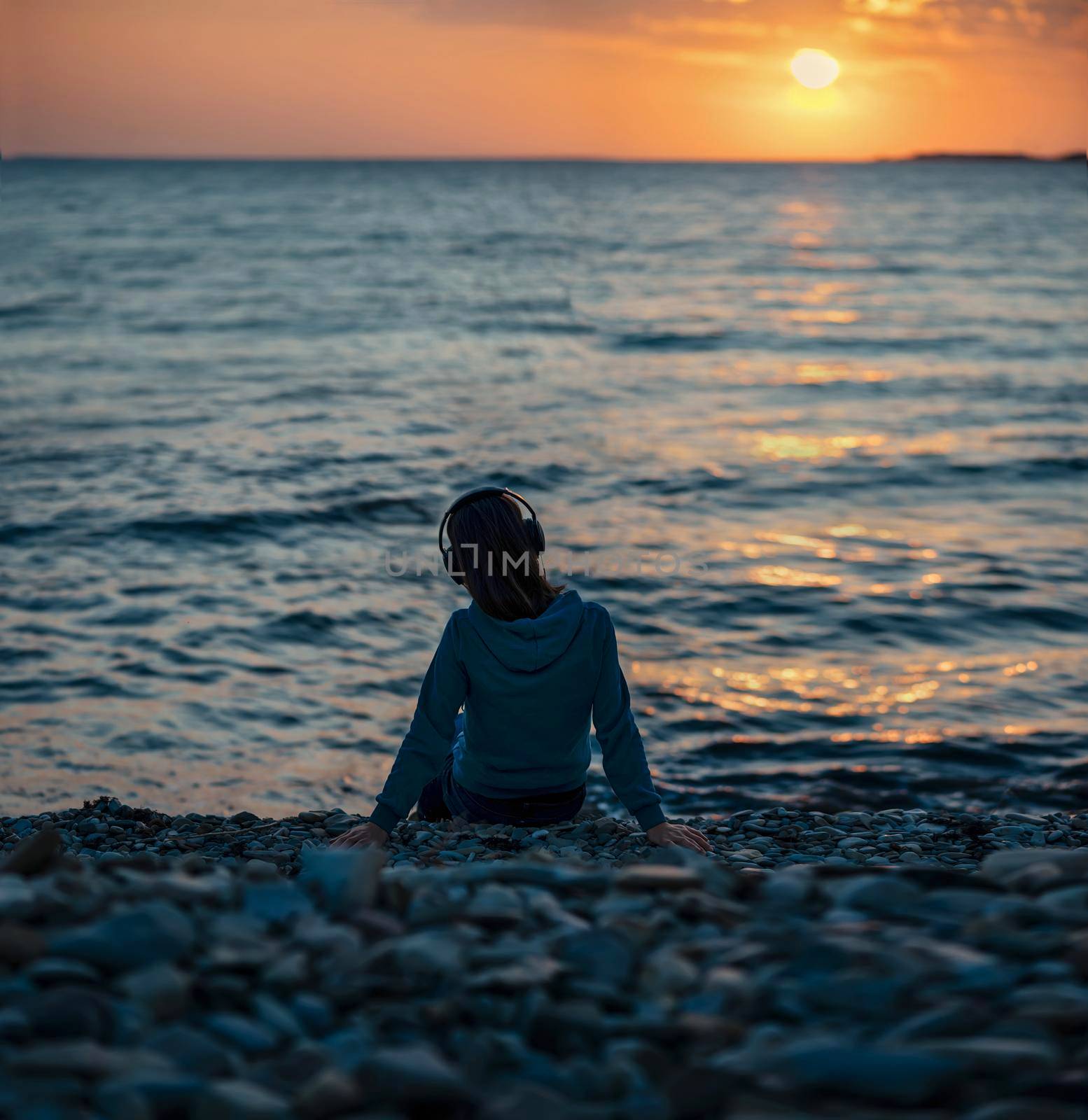 Girl in headphones sitting on beach on sunset by alexAleksei