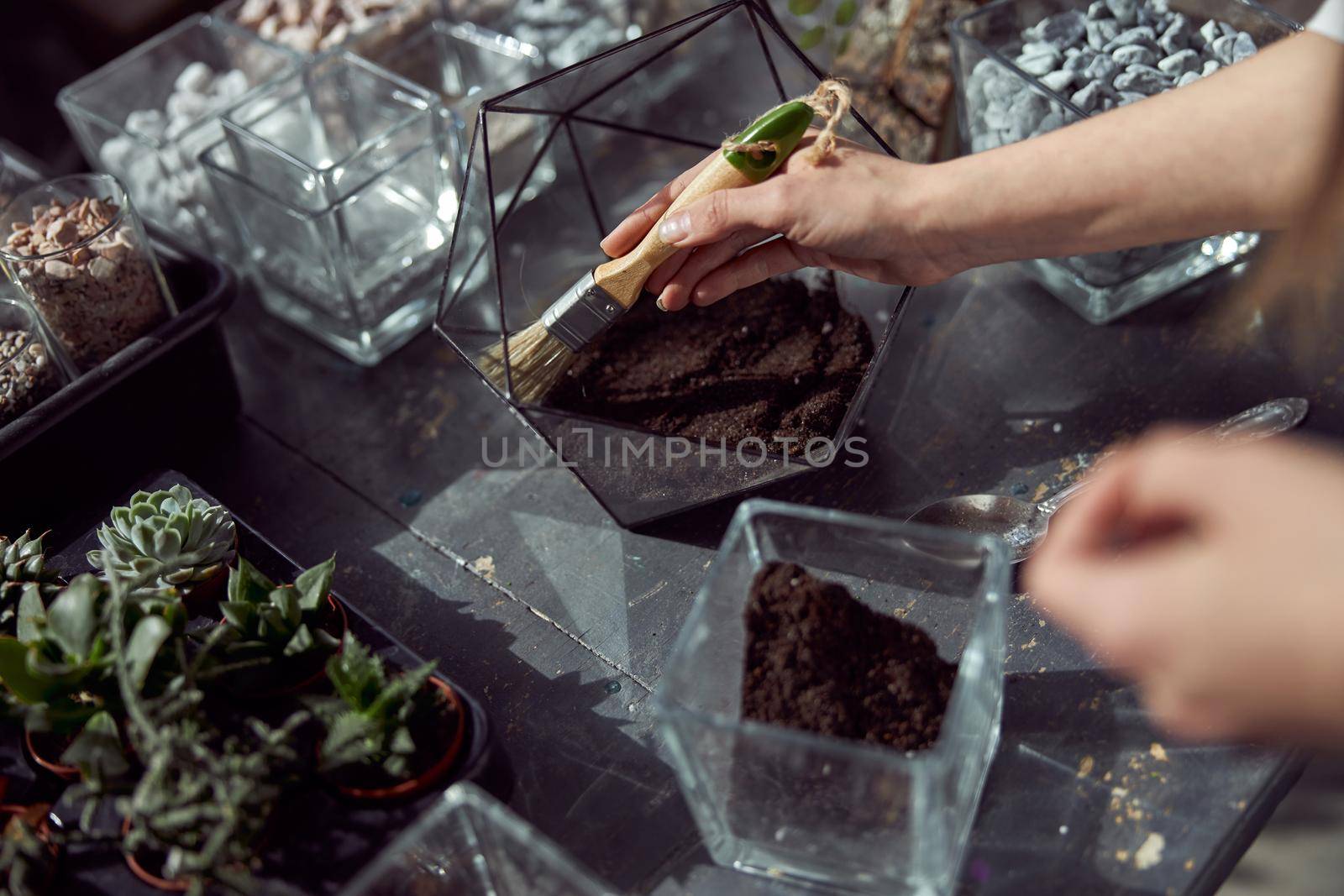 caucasian confident happy florist is working with composition made from glass stones and plants in botanic shop