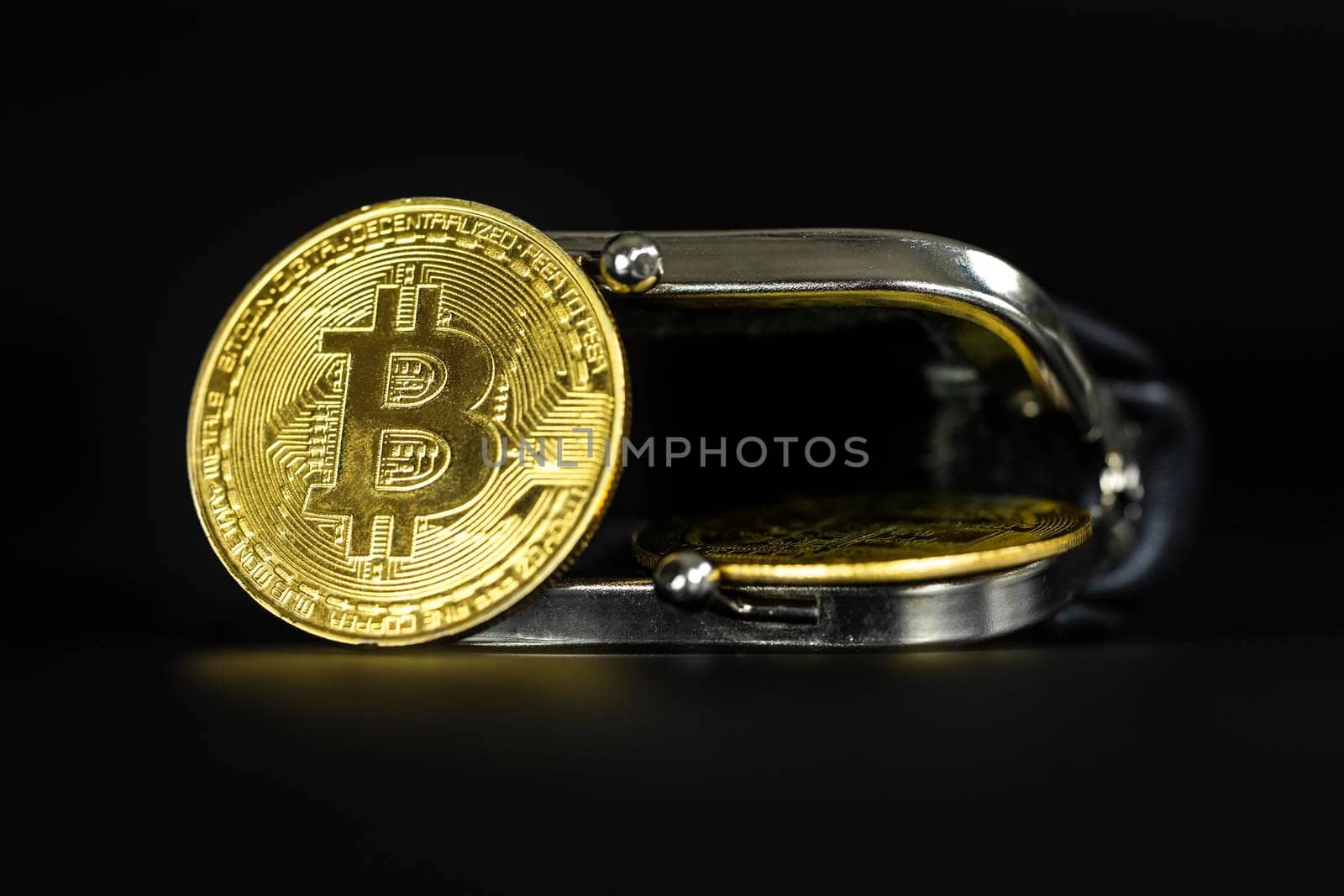 Crypto currency coin in leather wallet on black background bitcoin ethereum litecoin, Technology,save,business and financial concept copy space