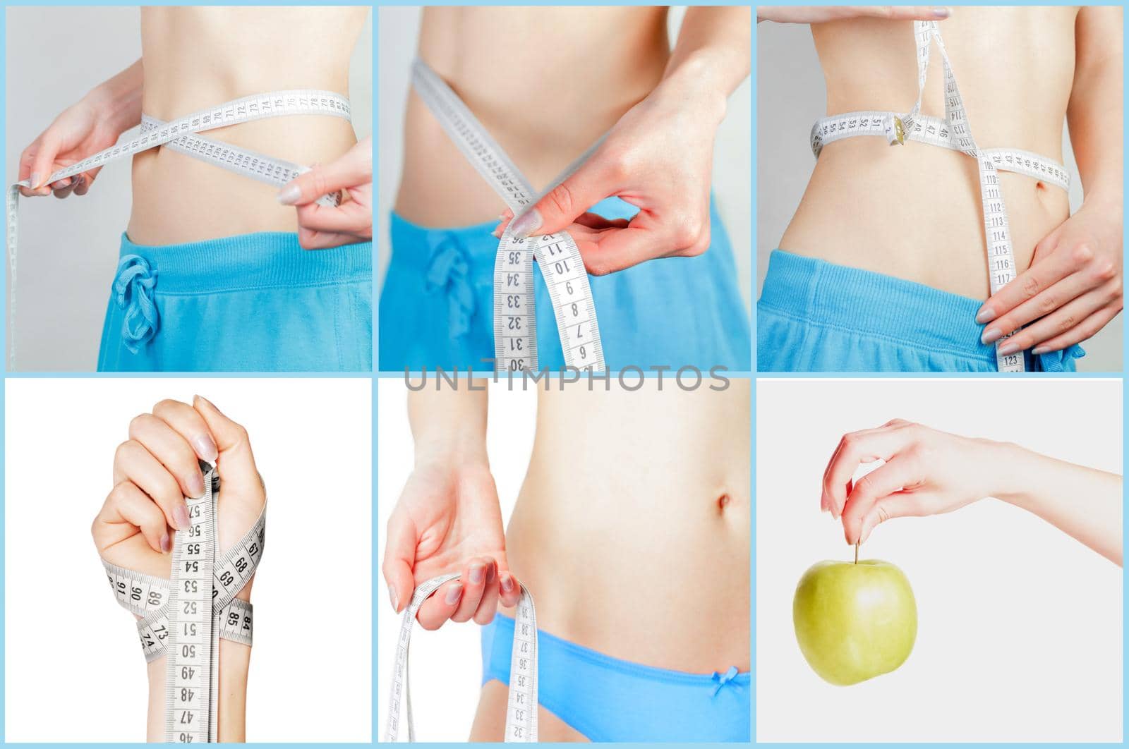 Young woman measuring her waist, the concept of dieting, collage, various images
