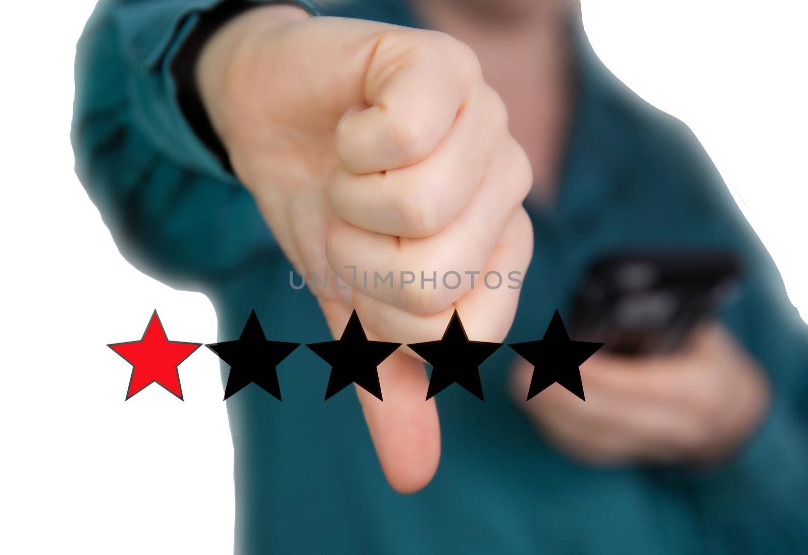 Bad review, Thumb down with red stars for bad service dislike bad quality, Customer experience, rating, social media concept background copy space