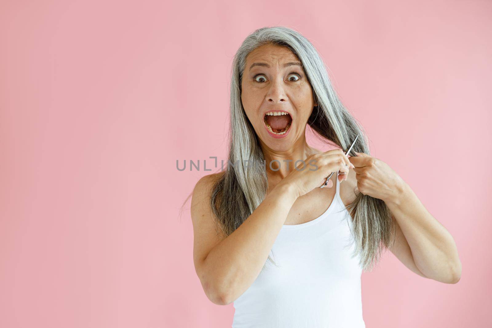 Excited middle aged Asian woman cuts long silver hair with sharp scissors posing on pink background in studio. Mature beauty lifestyle