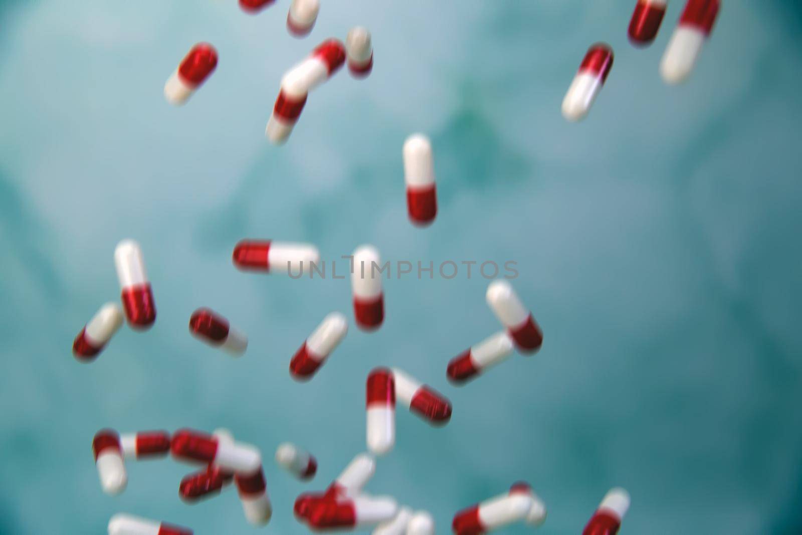 Falling medicine pills defocused blurred background, capsules for Health, Vitamin,drugs concept, copy space modern design space for text