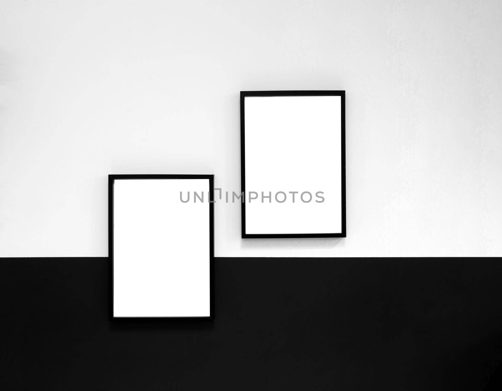 Two blank Poster,canvas,frame hanging on black and white wall, interior design modern mock up frames copy space, by Annebel146