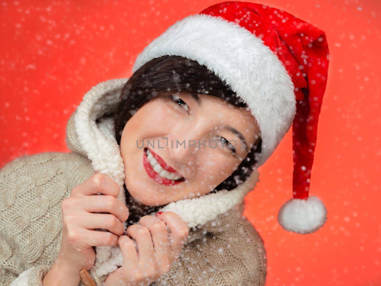 Beautiful young woman in santa hat is smiling in snowy weather