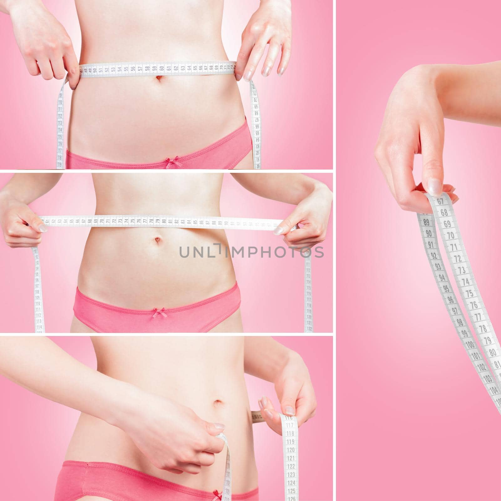 Young woman measuring her waist, collage