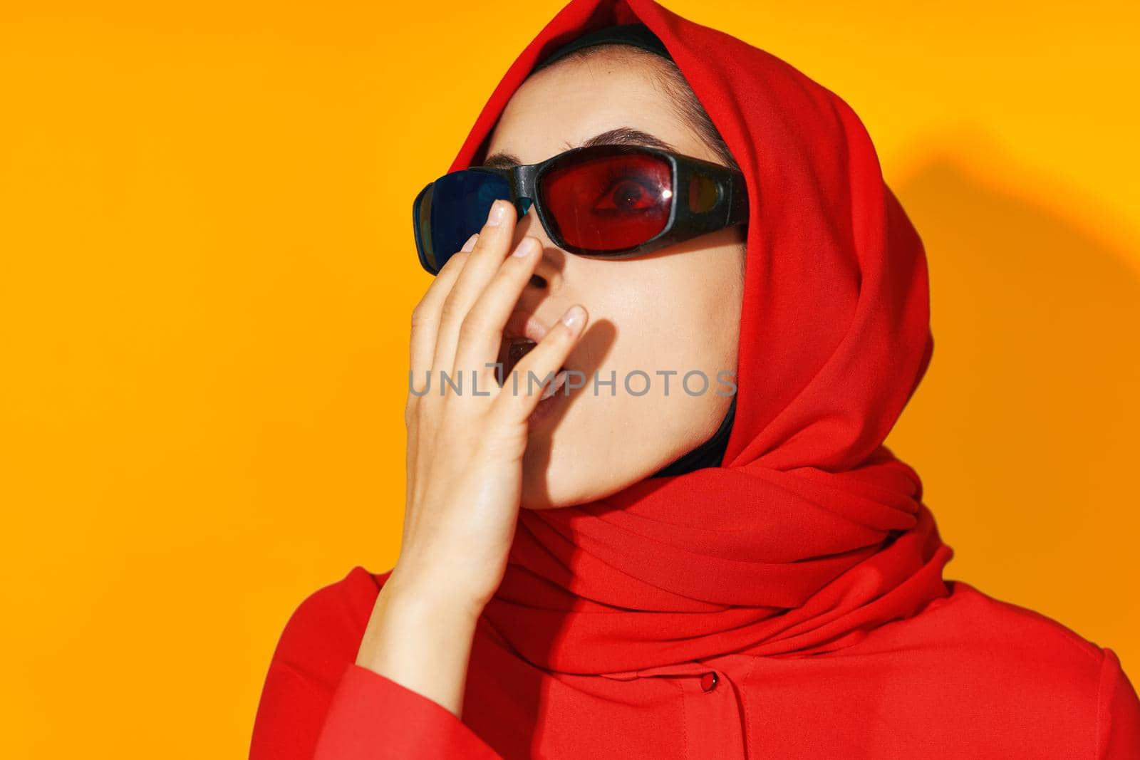 pretty woman 3d glasses technology watching movie popcorn yellow background. High quality photo