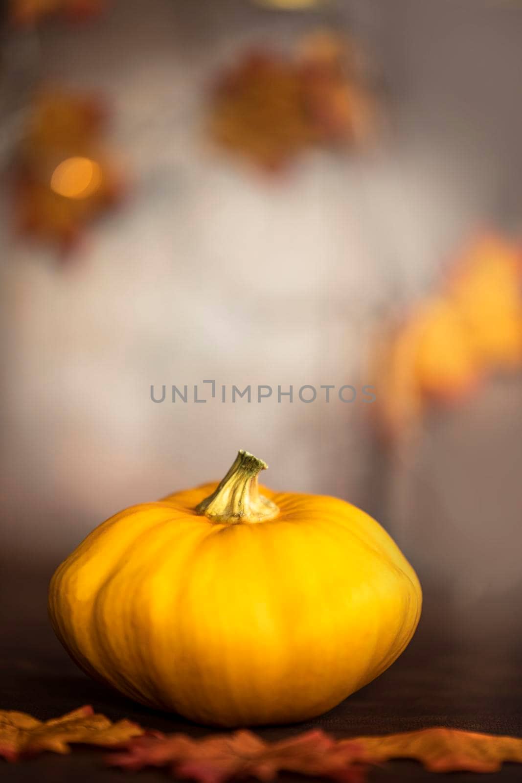 ripe pumpkin and autumn leaves on wooden table on brown background with copy space decorative colorful design space for text