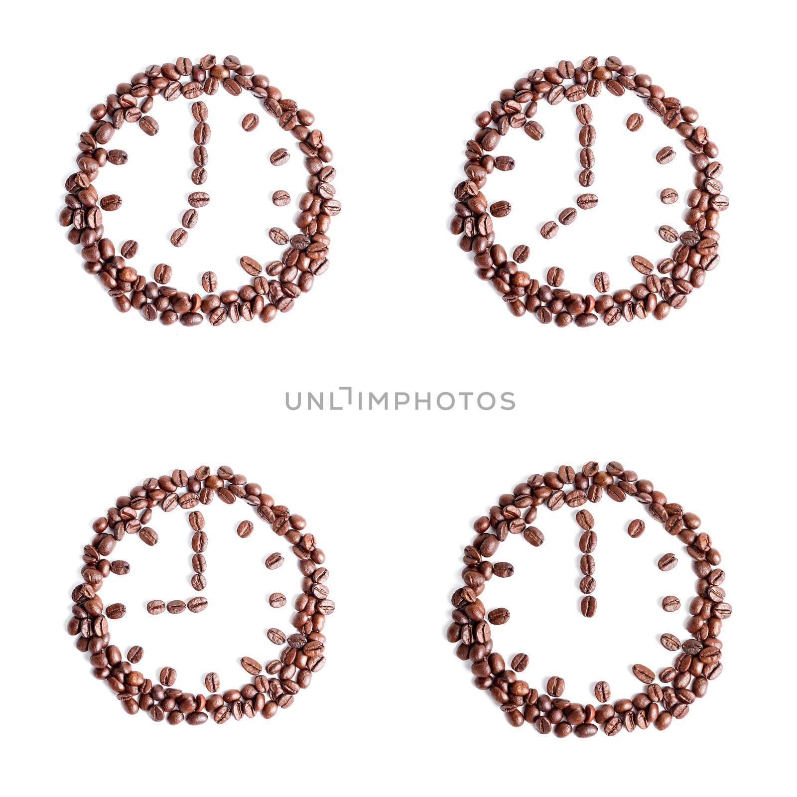 Clock of coffee beans on a white background