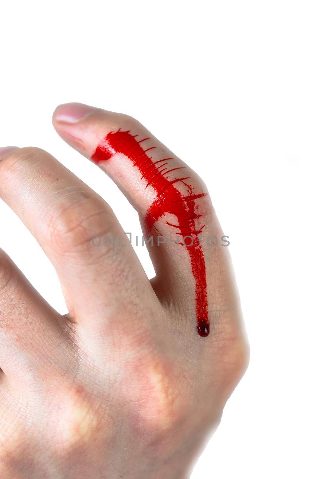 wounded finger with blood dripping on hand isolated on white background, copy space space for text