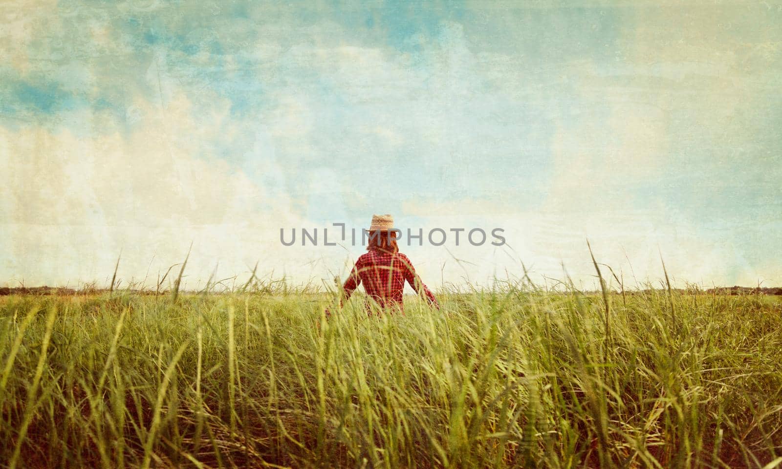 Unrecognizable hipster girl in straw hat walking on summer meadow, rear view. Vintage image