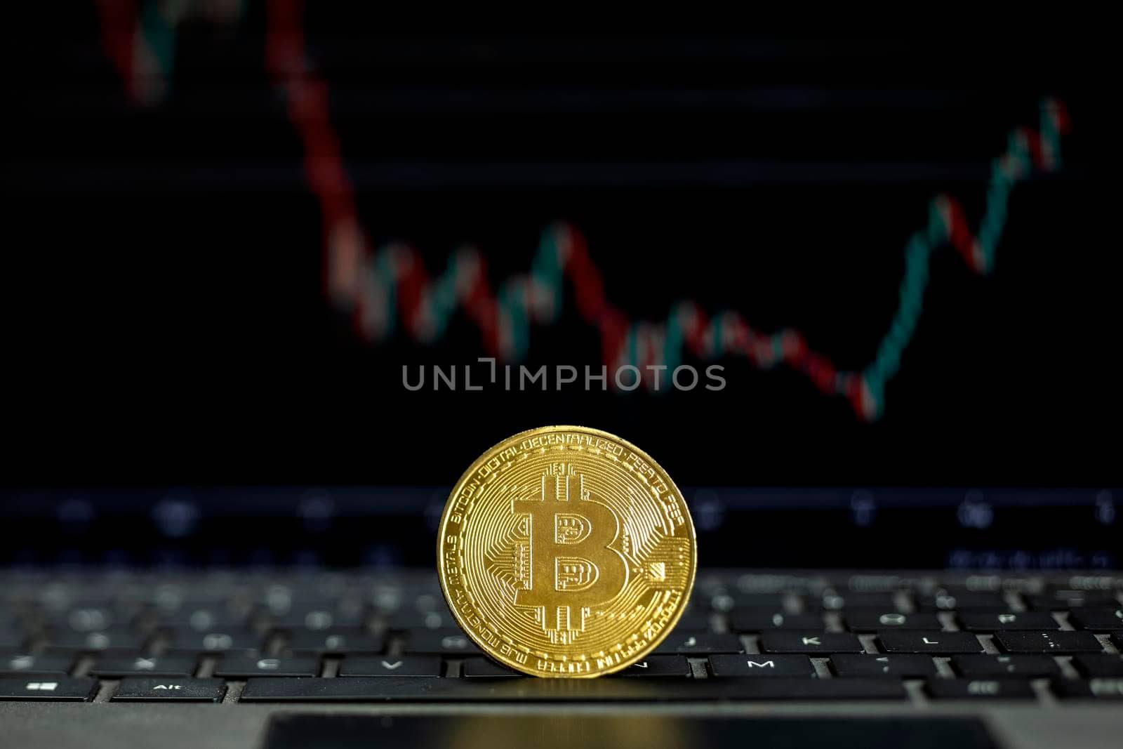 Bitcoin on computer with graph on background, Bit coin cryptocurrency banking money transfer business technology. Bitcoin currency price on computer screen. copy space
