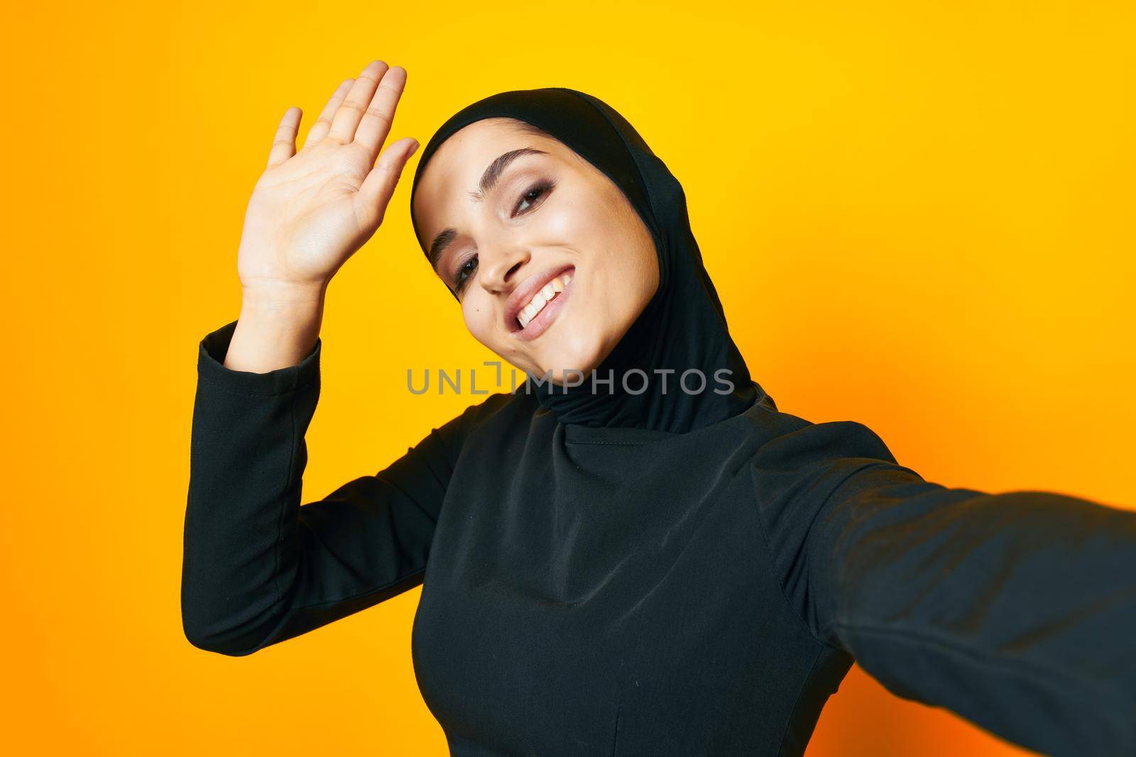 Muslim fun ethnicity model posing emotions studio lifestyle. High quality photo