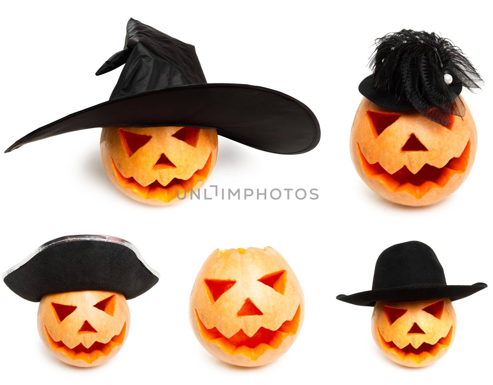 Carved pumpkin in different hats on white background. Collage