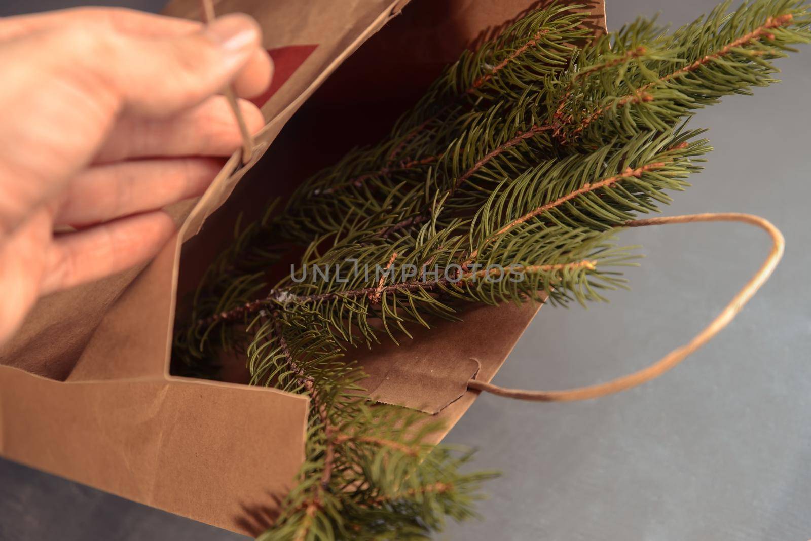 Human hand is opening package with Christmas tree branches on a table