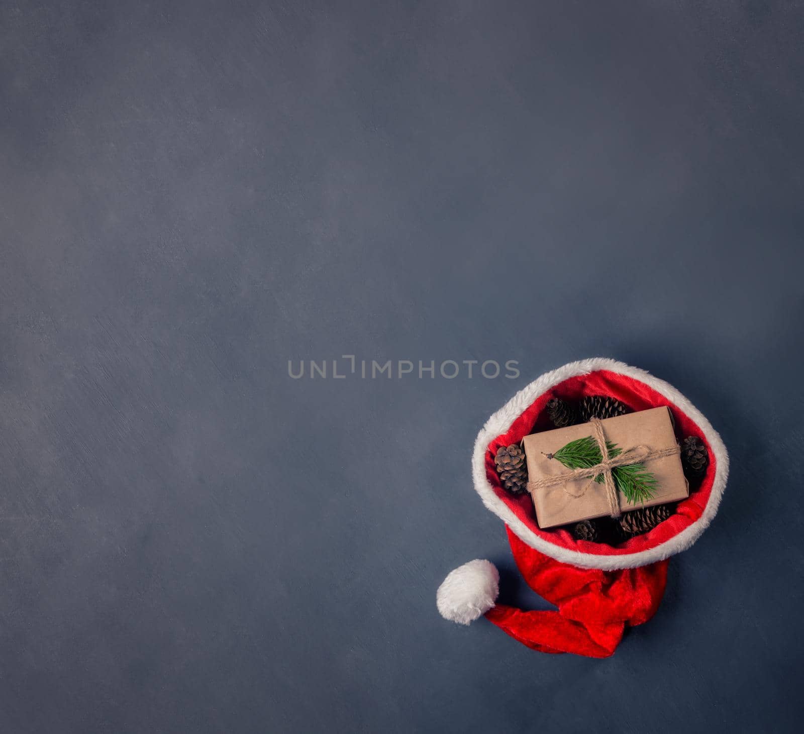 Present in eco wrapping with cones in santa hat, space for text
