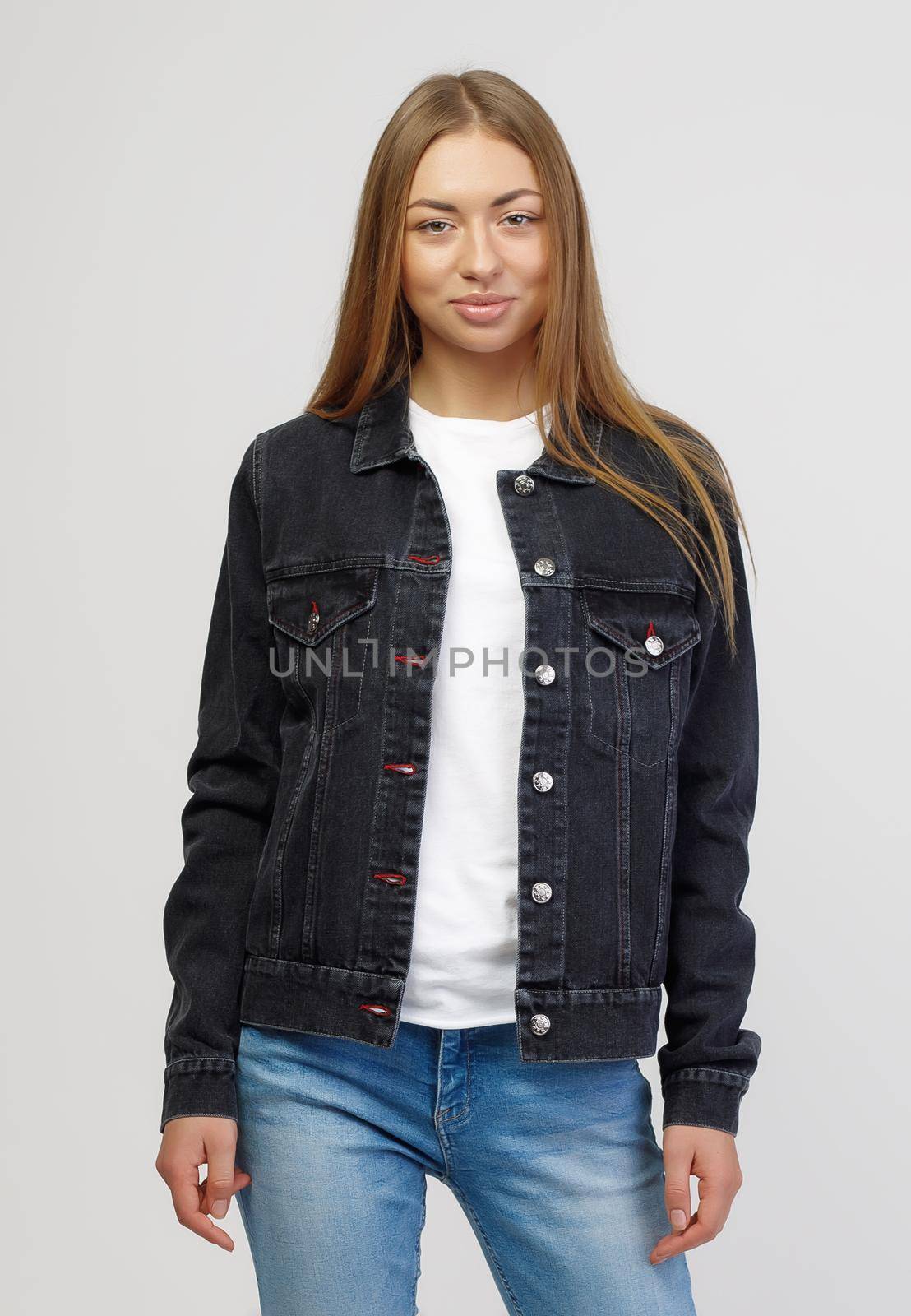 girl in a denim black jacket and blue denim pants on a white background by UcheaD