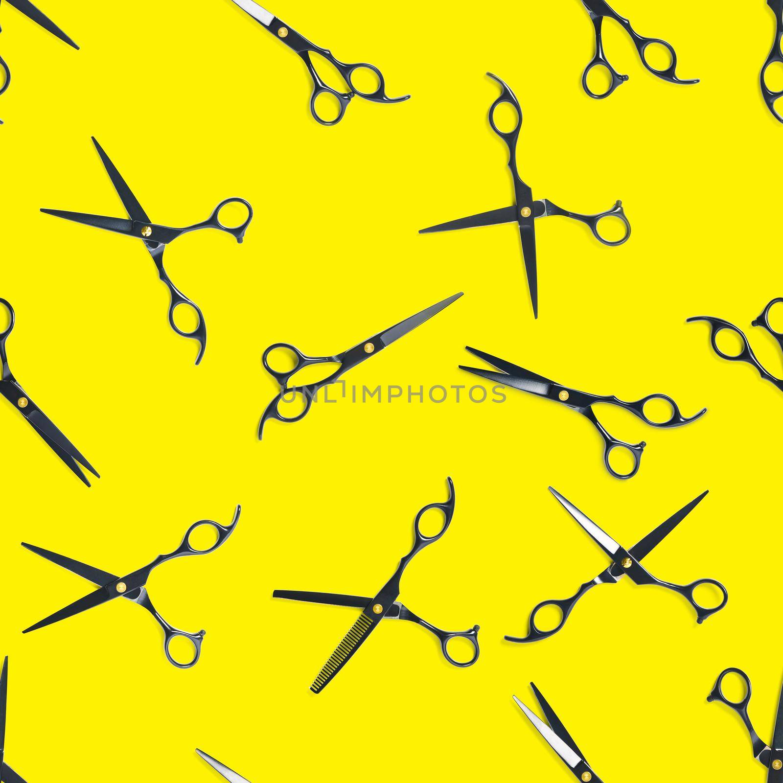 Seamless pattern of black scissors. professional hairdresser black scissors isolated on yellow. Black barber scissors, close up. pop art background by PhotoTime
