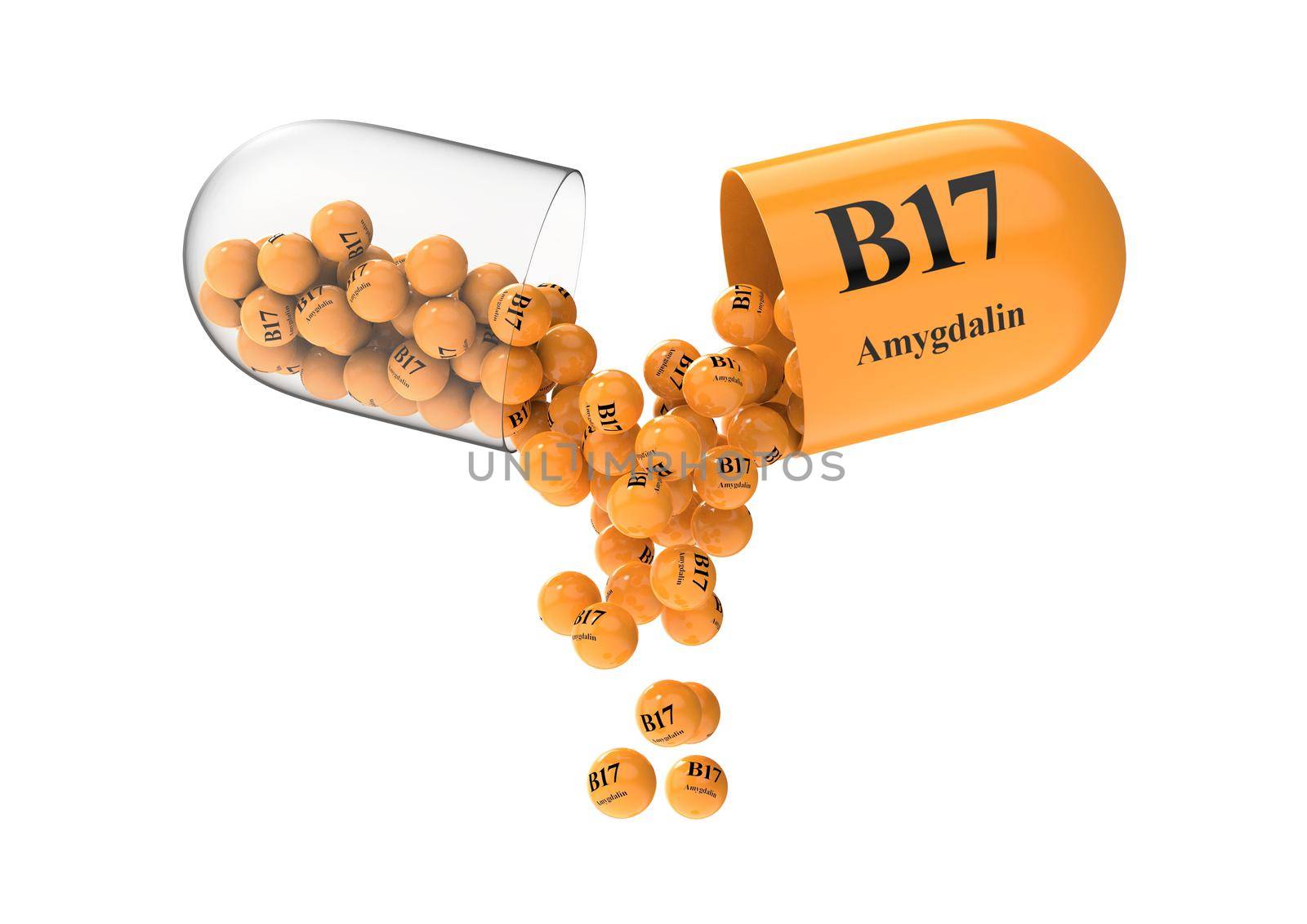 Open capsule with b17 Amygdalin from which the vitamin composition is pouring by clusterx