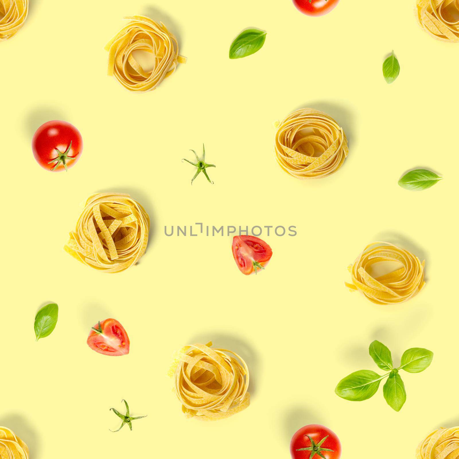 Seamless pattern from Italian pasta tagliatelle. raw pasta fettuccine pop art background, flat lay. Italian raw nest pasta isolated on yellow by PhotoTime