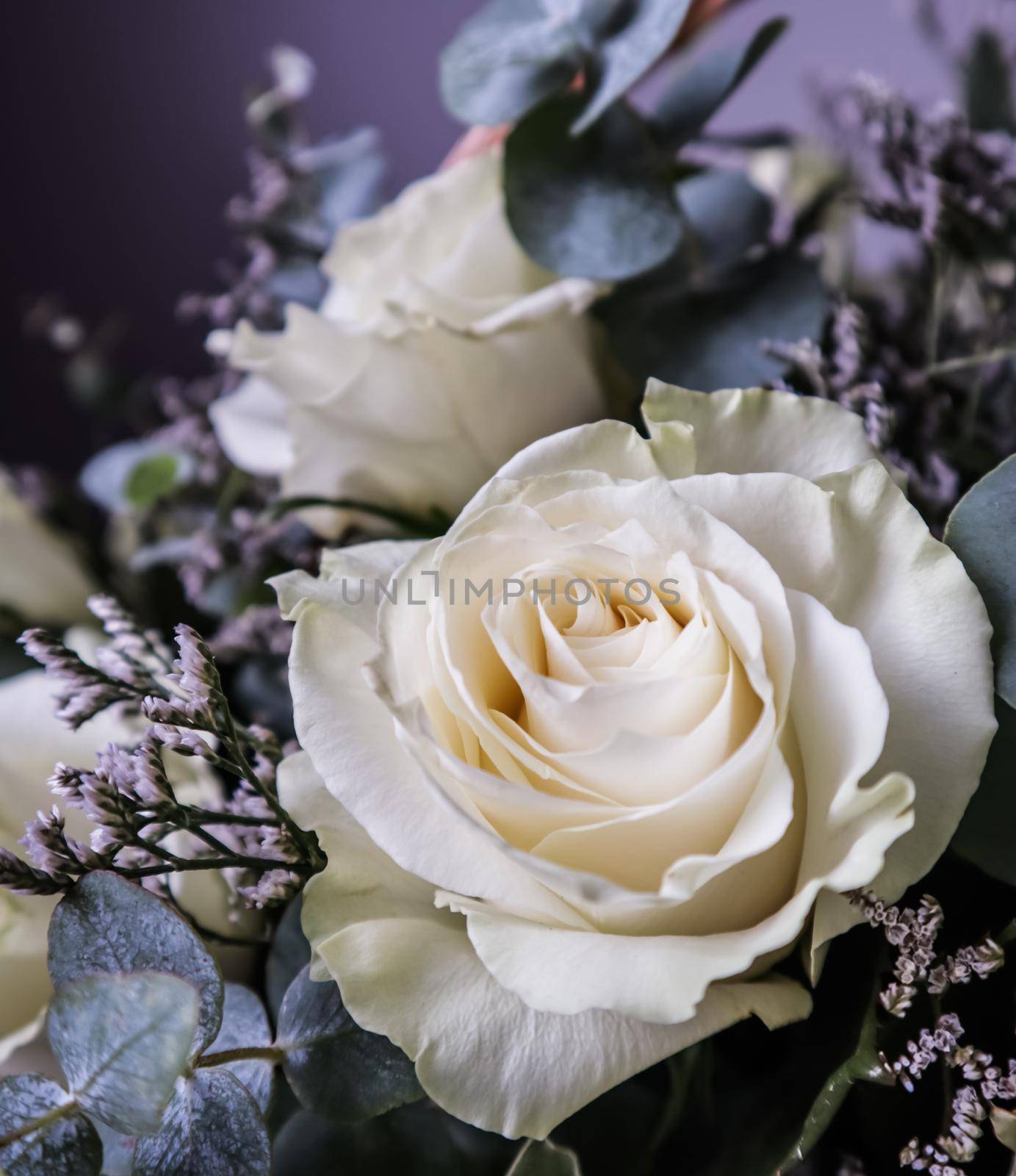 Bouquet of beautiful white roses in a wicker basket on a dark background. Perfect for greeting card by Olayola