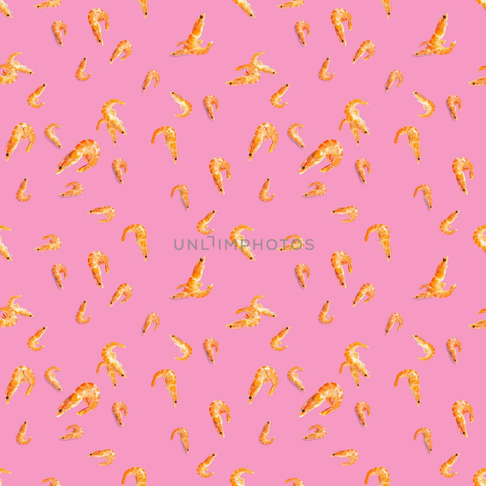 Seamless pattern made from Prawn isolated on a pink background. Tiger shrimp. Seafood seamless pattern with shrimps. seafood pattern