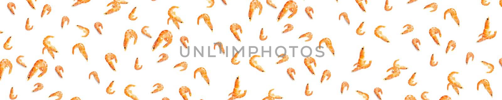 Tiger shrimp. Seafood background made from Prawns isolated on a white backdrop. modern background from boiled shrimps, Seafood. not seamless pattern by PhotoTime