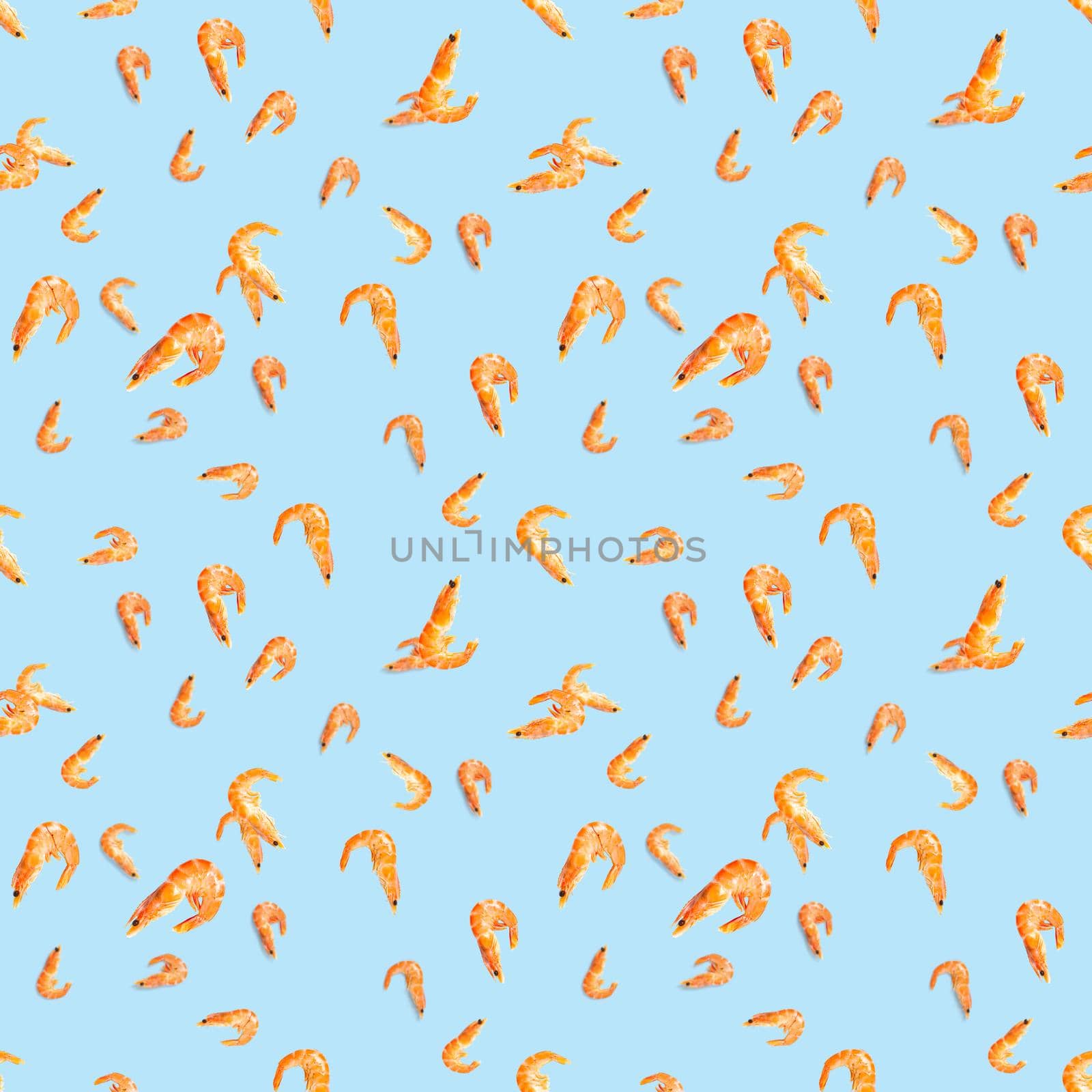 Tiger shrimp. Seamless pattern made from Prawn isolated on a blue background. Seafood seamless pattern with shrimps. seafood pattern by PhotoTime