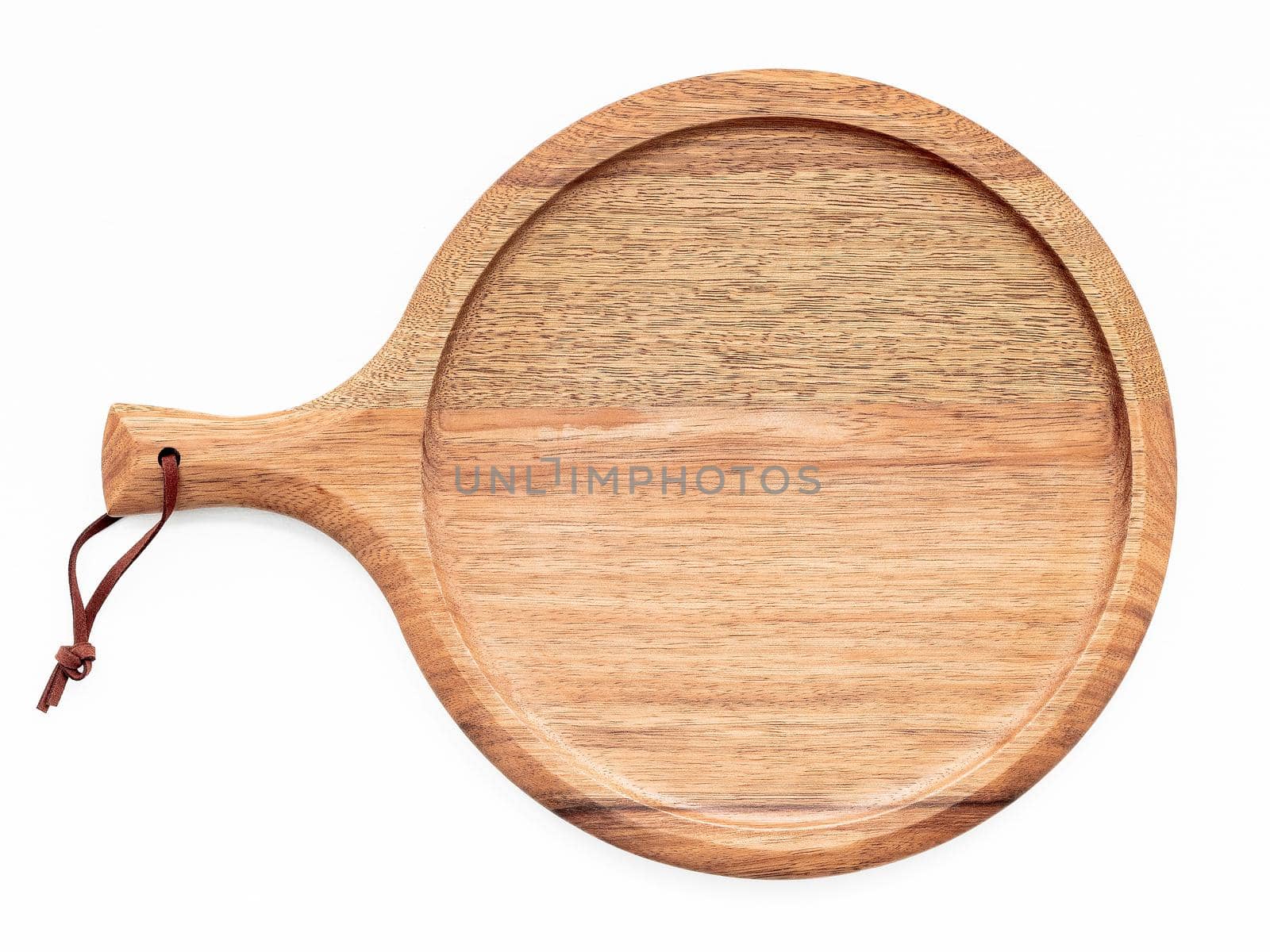 Empty wooden pizza platter set up on white background. Pizza board on white wooden background flat lay and copy space.