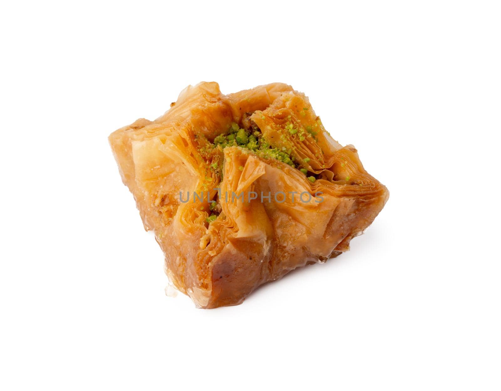 Baklava dessert with pistaccio isolated on white background, close up