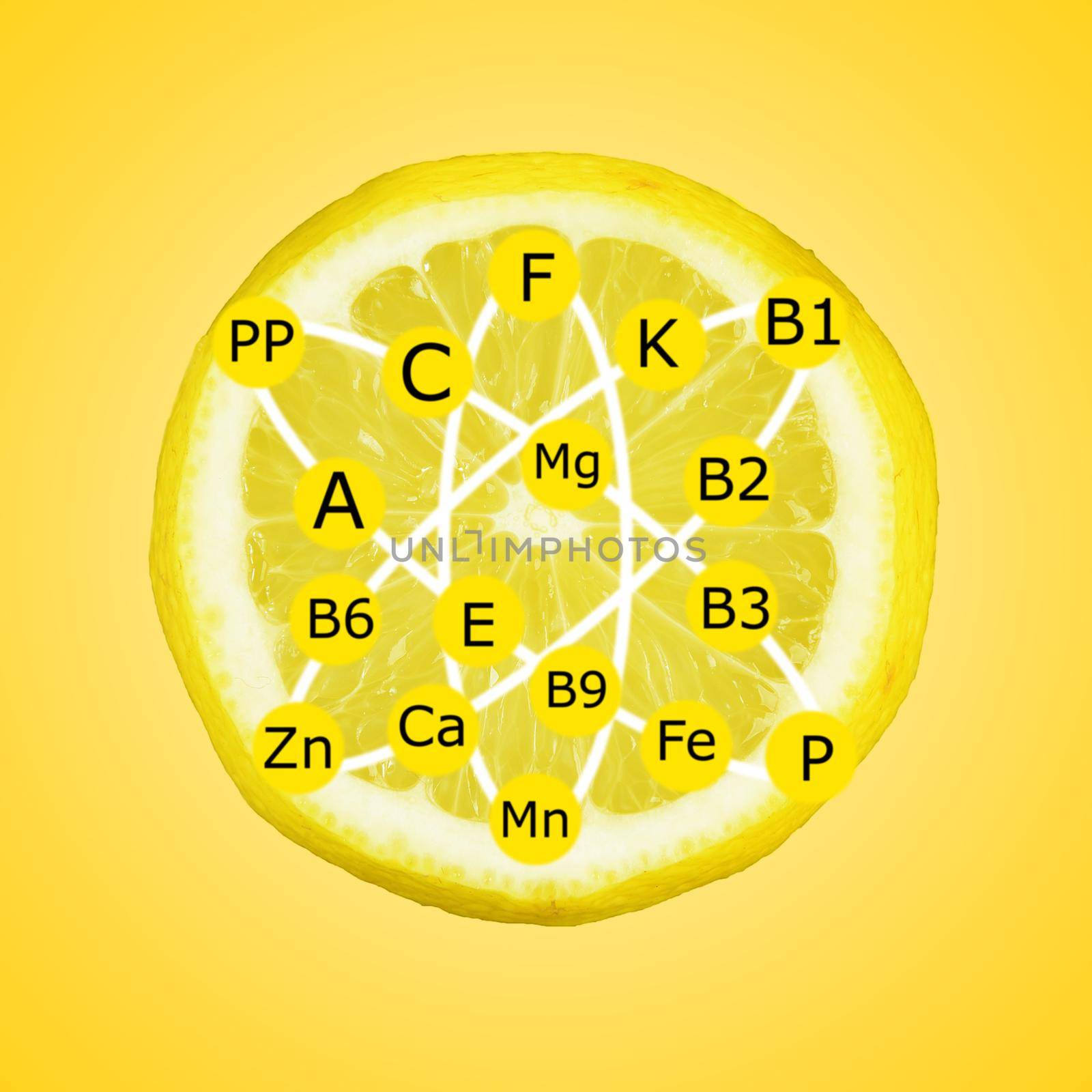 Round piece of lemon on it painted vitamins and minerals