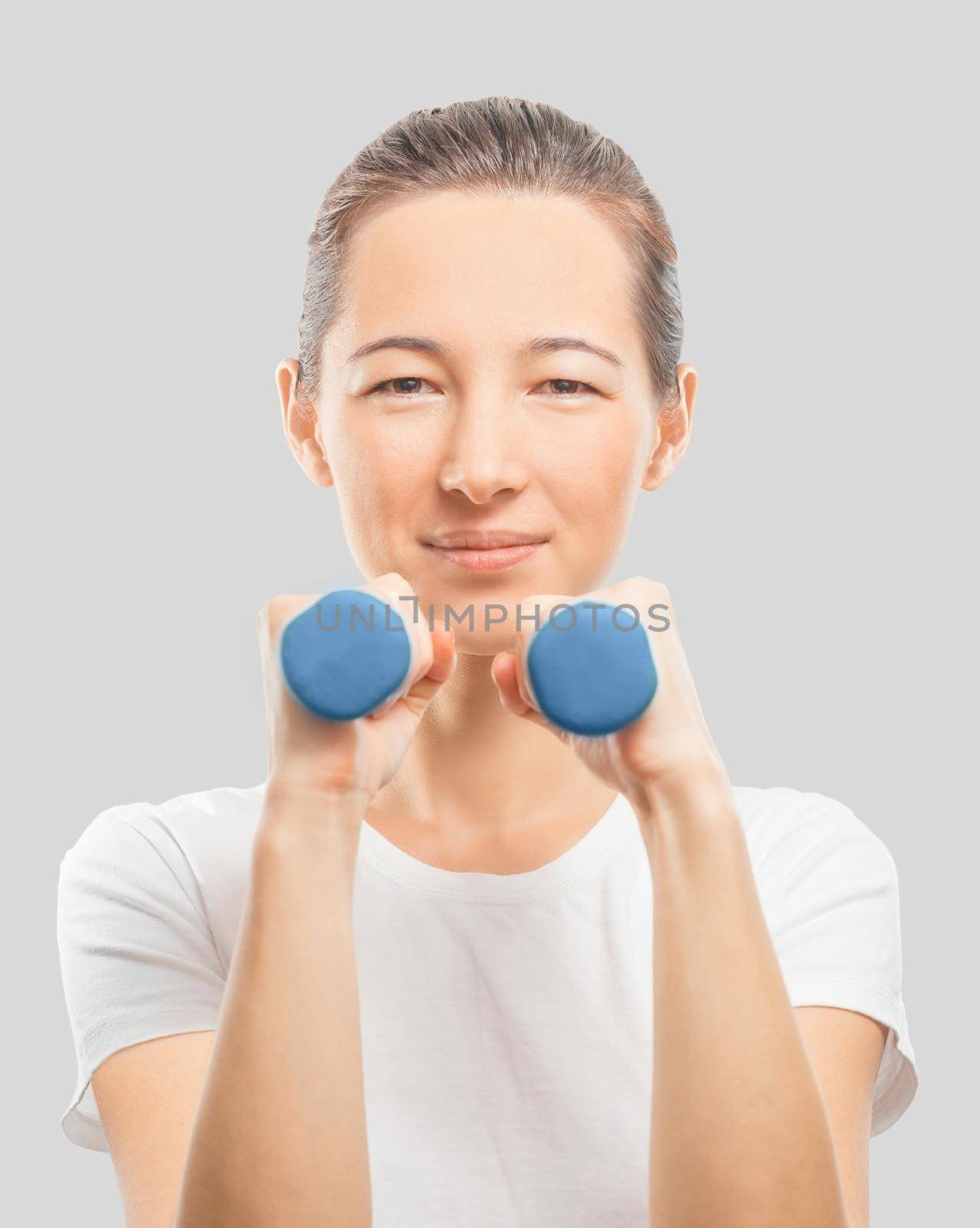 Happy woman with dumbbells by alexAleksei