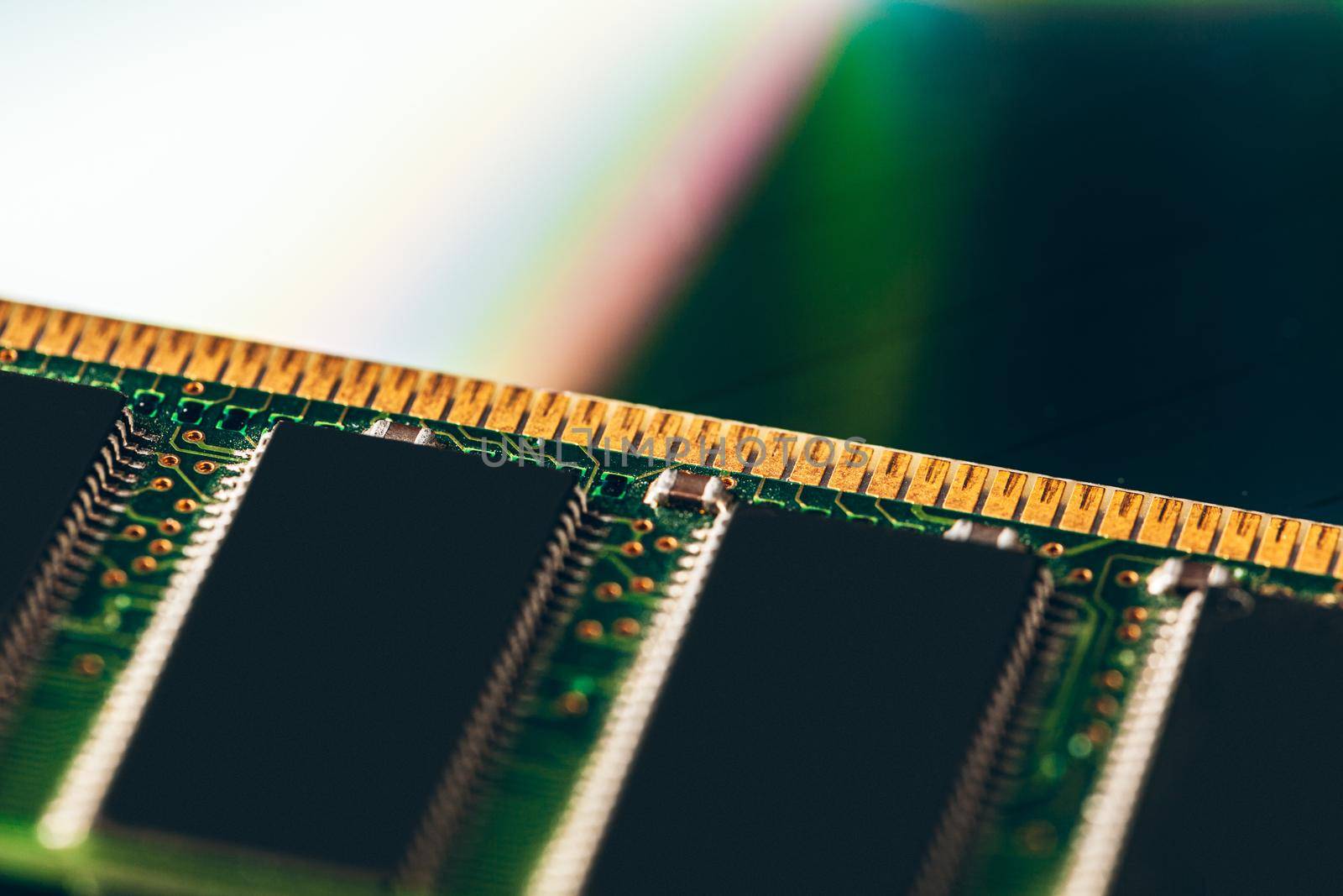 Green circuit board of a computer close up. High quality photo
